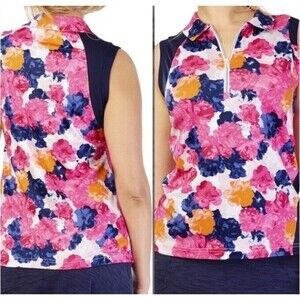 GGBLUE LUXE SPORTS Golf Pink Floral Spandex Sleeveless 1/4 zip Tank Top Med EUC
